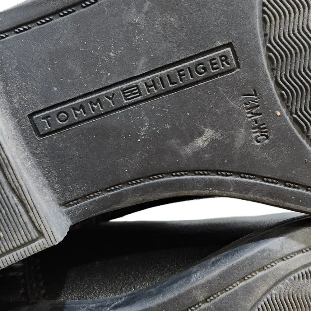 Tommy Hilfiger Faux Leather Mid-Calf Boots Black Goldtone Logo Size 7.5